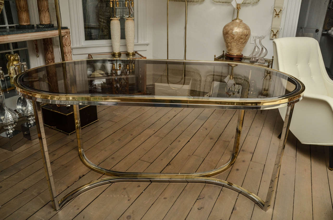 Chrome and Brass Oval Dining Table with Smoked Glass Top