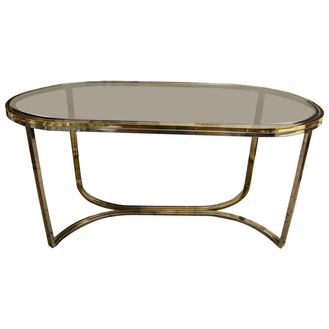 Chrome and Brass Oval Dining Table with Smoked Glass Top