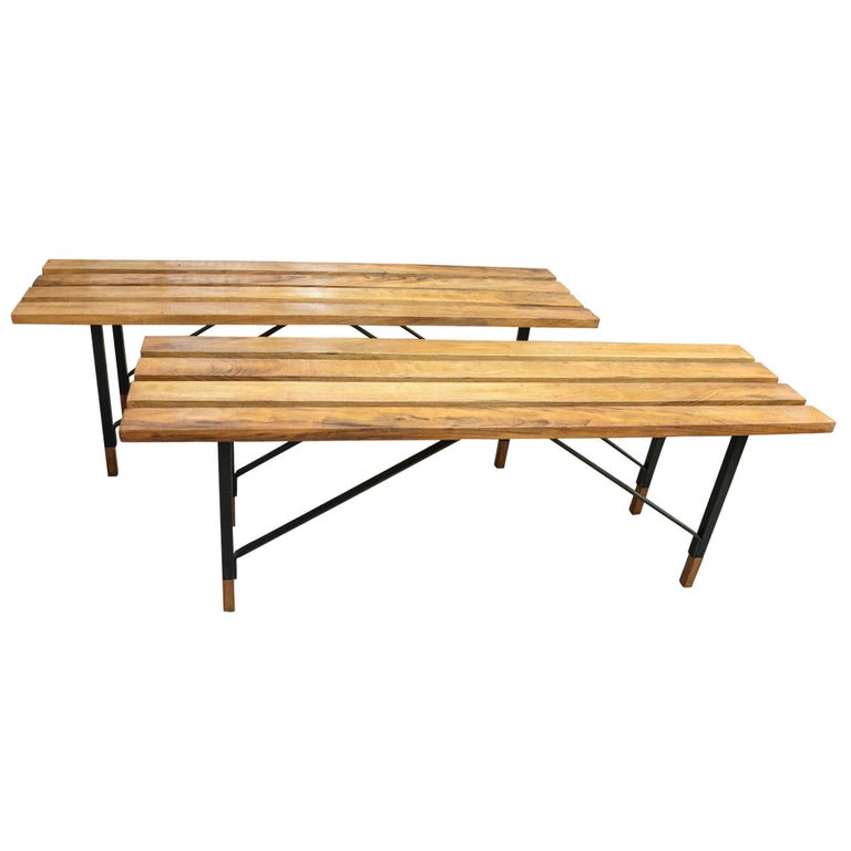 Wood Slat Benches with Black Metal Bases For Sale at 1stDibs black