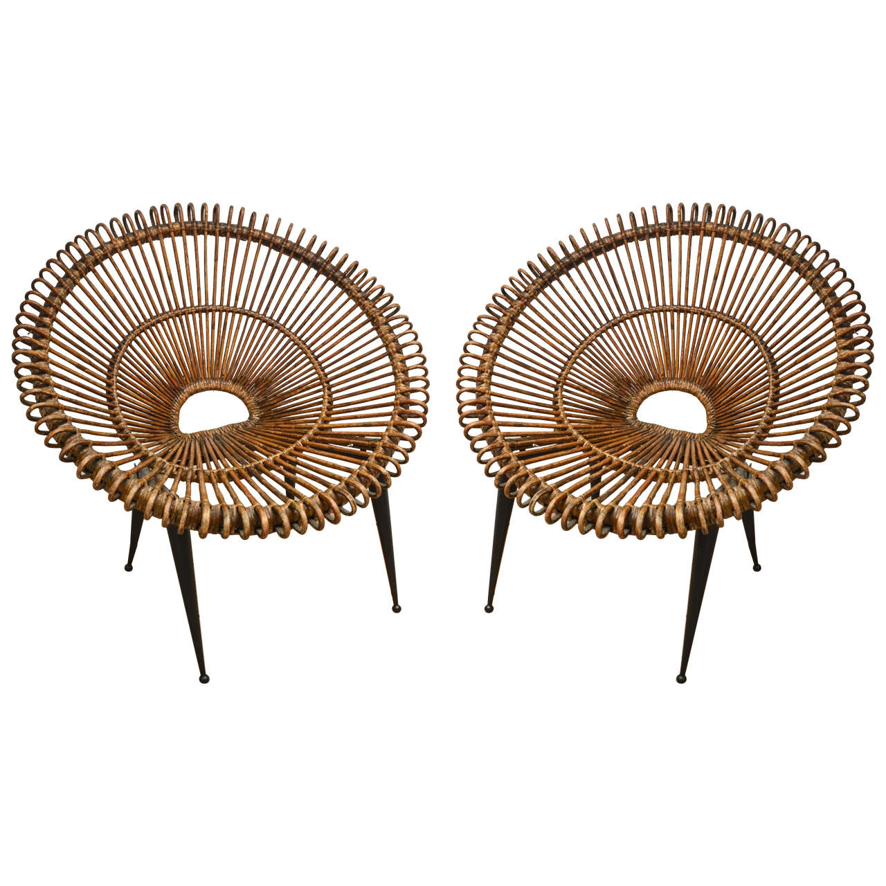 Pair of Rattan "Circle" Chairs with Metal Bases at 1stDibs