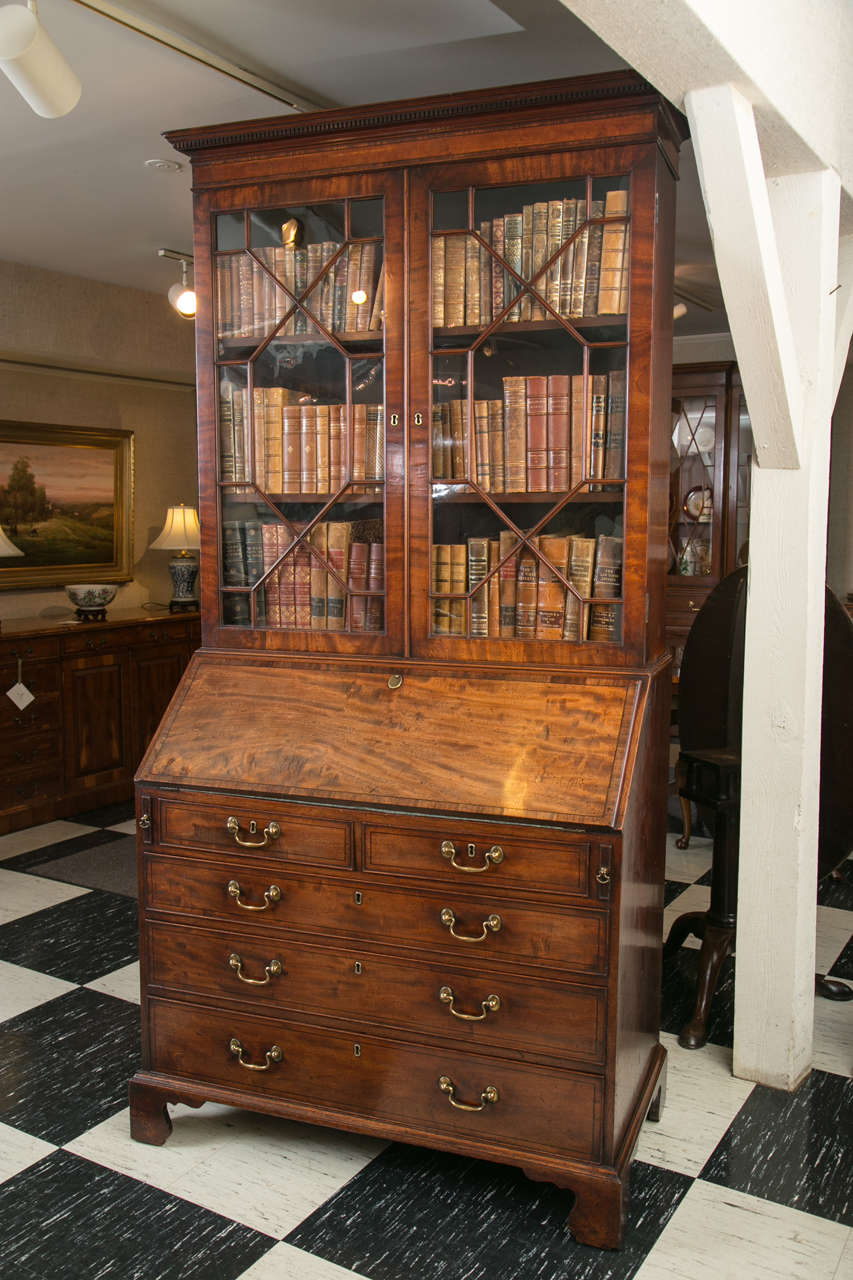 George III Mahogany Slant Front Bureau Glazed Bookcase or Secretary