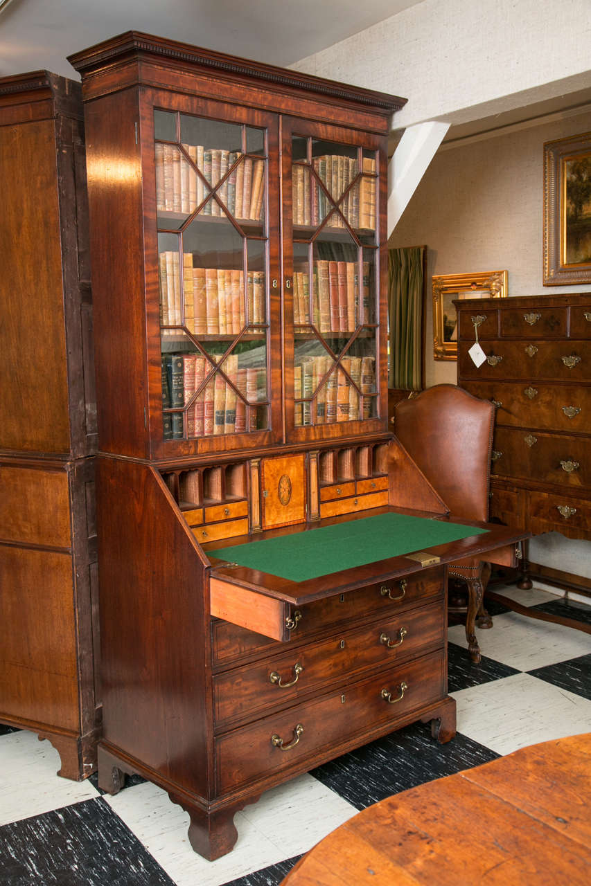 19th Century Mahogany Slant Front Bureau Glazed Bookcase or Secretary