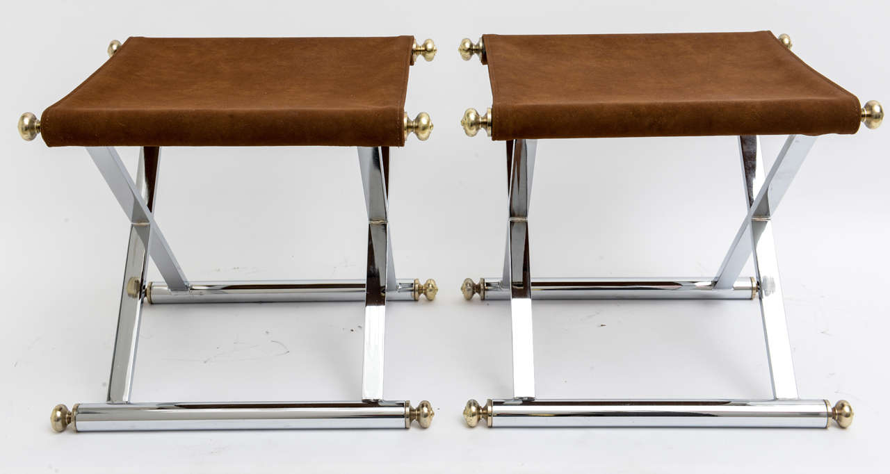 Hollywood Regency Pair of Hollywood-Regency X-Base Stools, Polished Chrome, Brass and Faux Suede