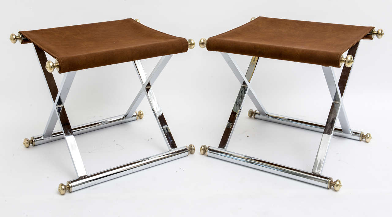 American Pair of Hollywood-Regency X-Base Stools, Polished Chrome, Brass and Faux Suede