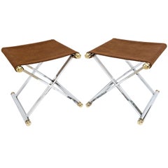 Pair of Hollywood-Regency X-Base Stools, Polished Chrome, Brass and Faux Suede