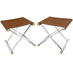 Pair of Hollywood-Regency X-Base Stools, Polished Chrome, Brass and Faux Suede 6