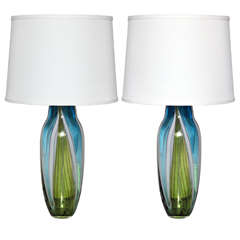 Pair of Blue and Charteuse Murano Glass Table Lamps