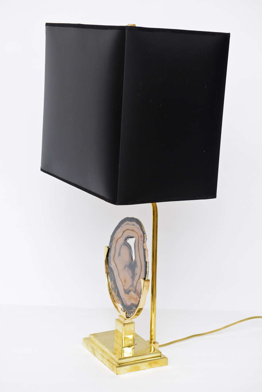 Hand-Crafted Brass 2 Light Table Lamp with Agate Disc Willy Daro Style French Provincial For Sale