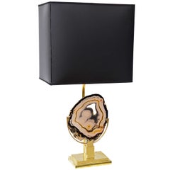 Brass 2 Light Table Lamp with Agate Disc Willy Daro Style French Provincial
