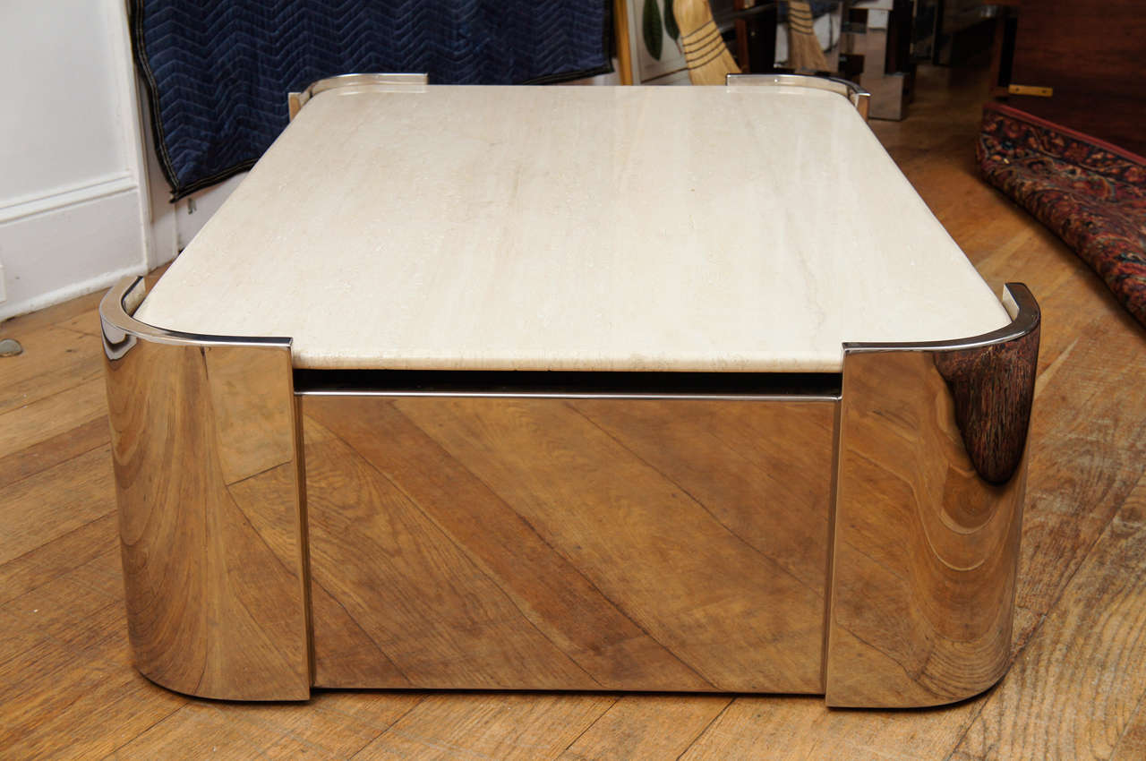 20th Century Mid Century Pace Collection Steel & Travertine Cocktail Table For Sale
