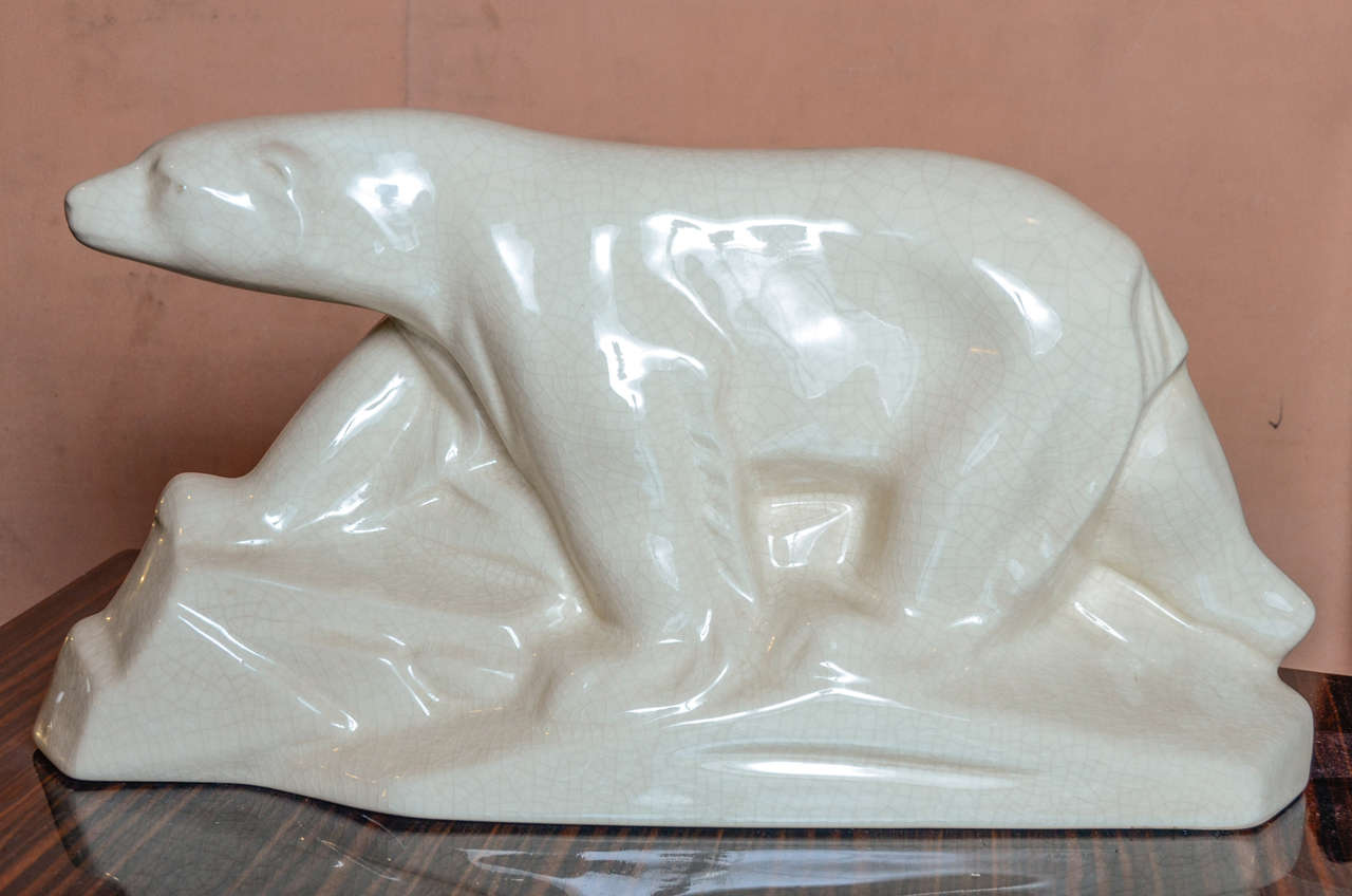 Large Bear Cracked Ceramic Bear Sculpture Signed L.V. Keramis