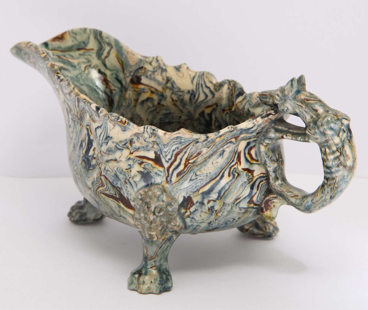 18th Century and Earlier Rare English Solid Agate Pottery Silver Shape Footed Sauceboat For Sale