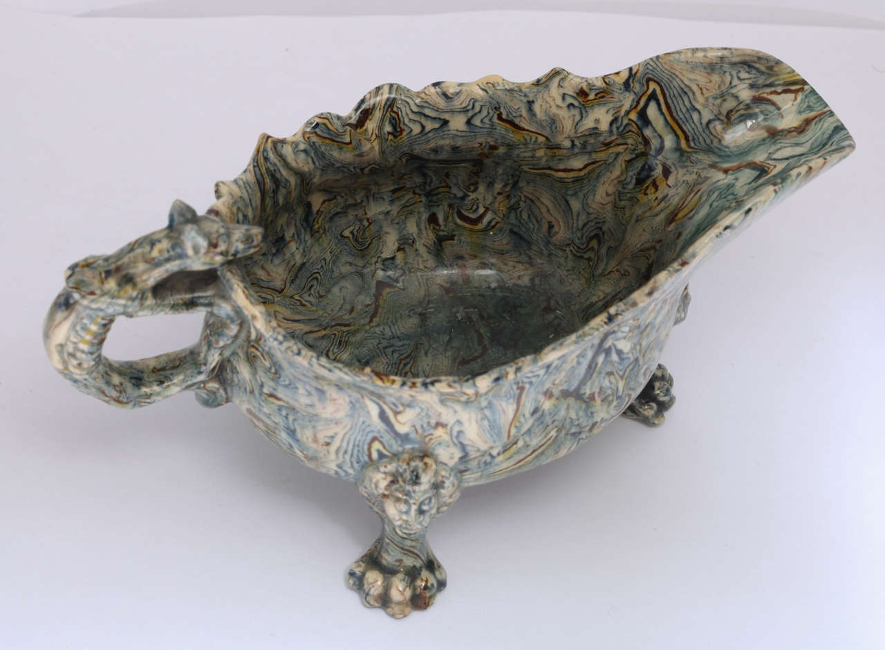 Rare English Solid Agate Pottery Silver Shape Footed Sauceboat For Sale 3