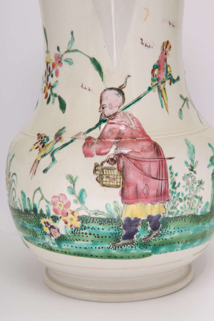 British Rare English Salt Glazed Stoneware Pitcher Decorated with an Oriental Scene For Sale
