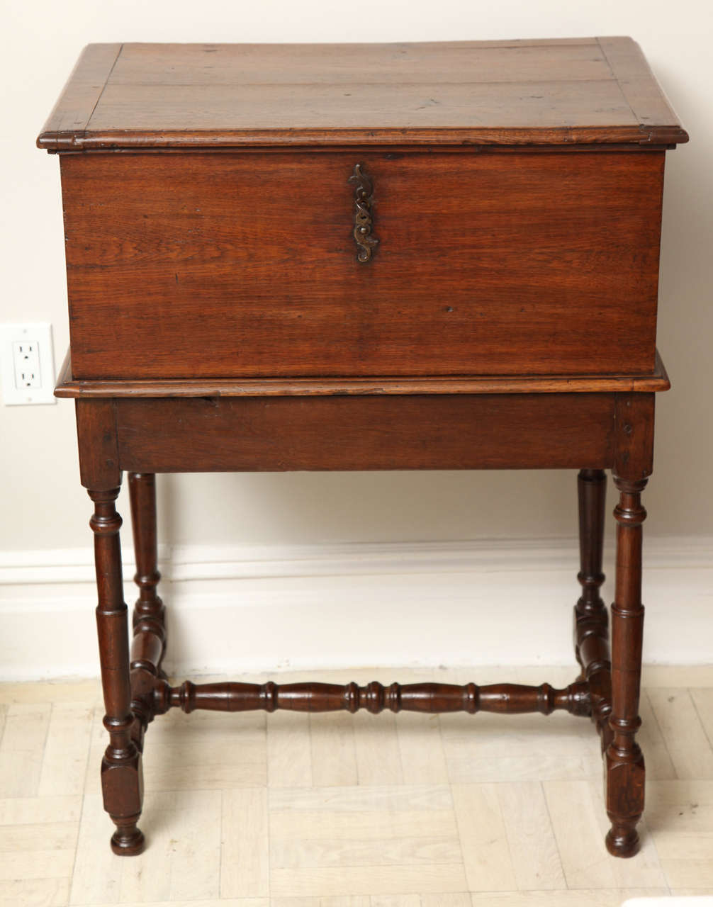 18th Century oak coffer on stand with paneled coumn legs