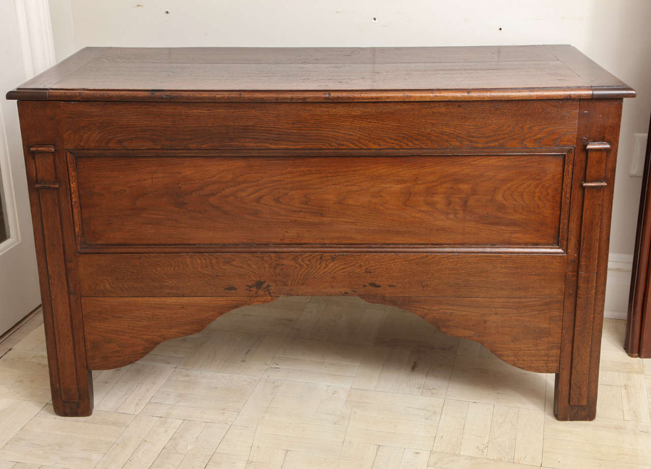 Early 19th century oak coffer with rectangular shaped top, panelled body and straight column front legs.