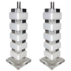 Modernist Lucite and White Plexi Stacked Lamps
