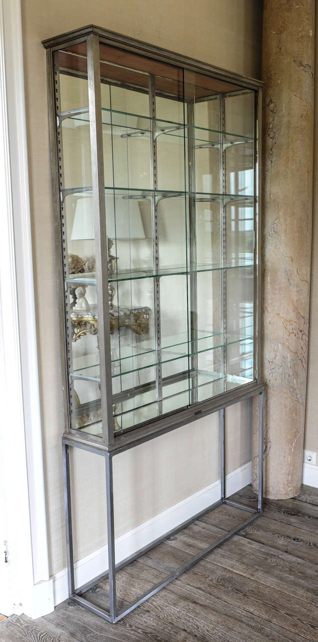 French Pair of Nickeled Brass Store Showcases with Glass Sliding Doors