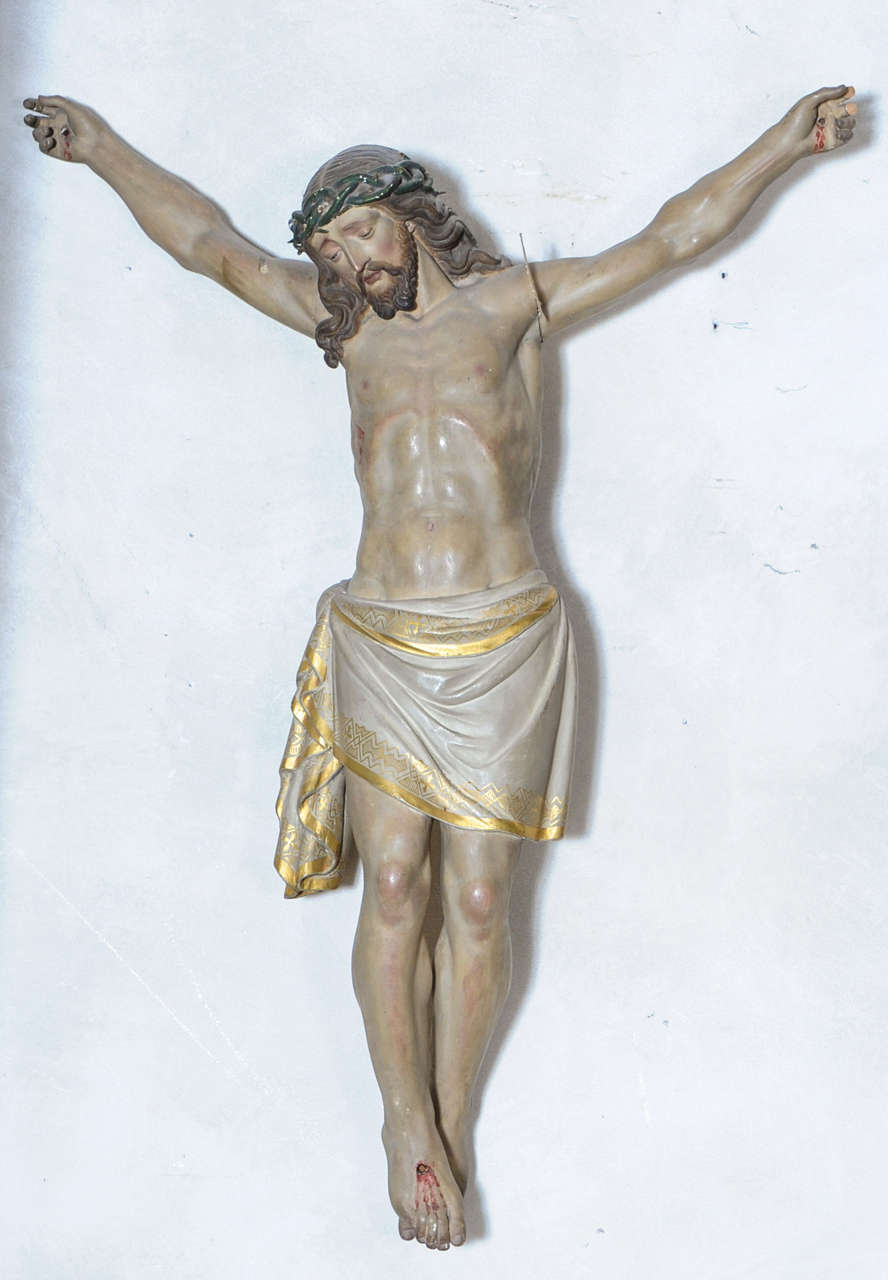 A 19th c. wood carved and polychromed statue of Jesus Christ, 90 cm high x 60 cm wide.