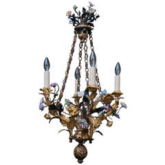 Antique Small Four Light Chandelier with Porcelain Flowers