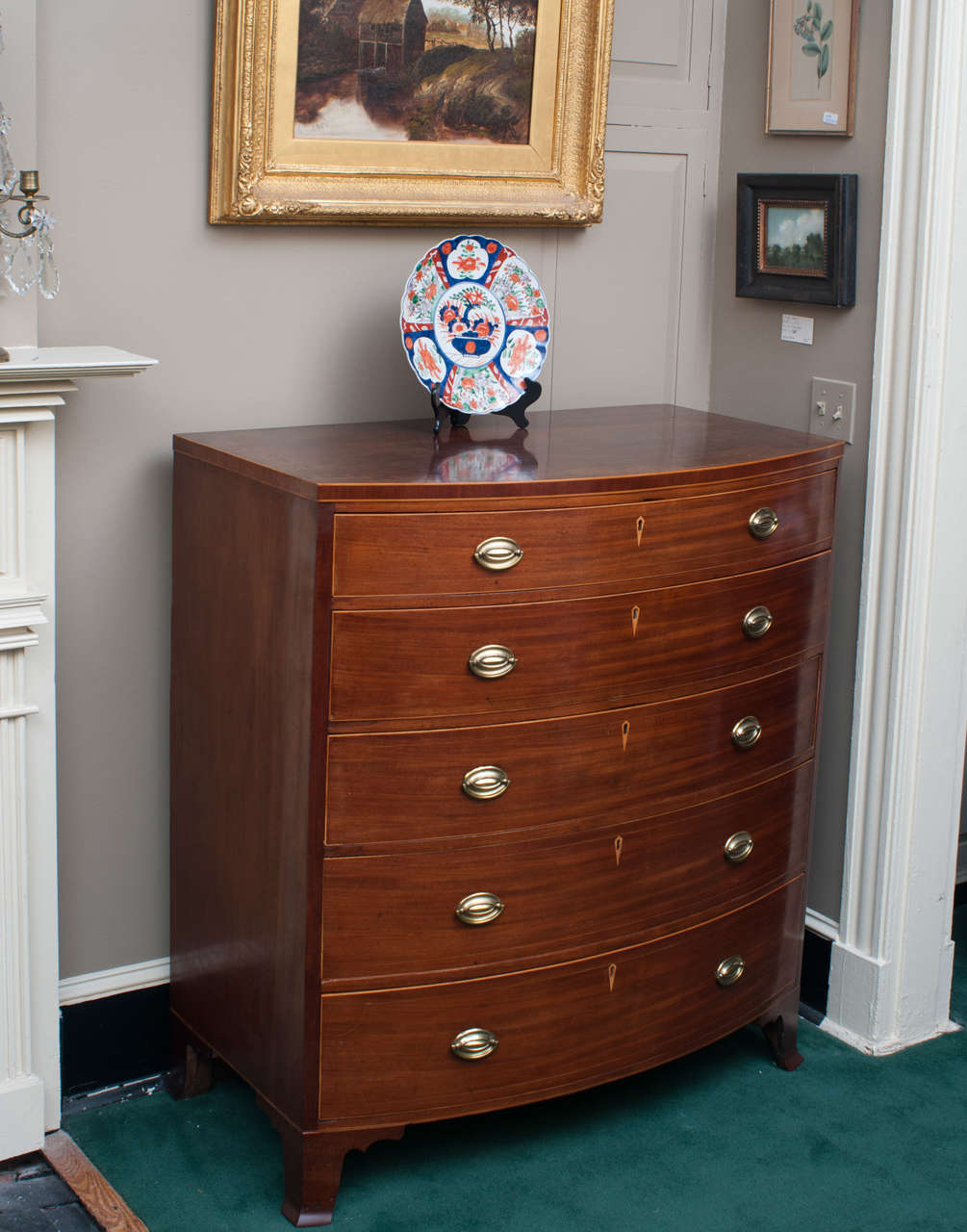 This five-drawer chest was probably made in the Mid-Atlantic (Maryland or Virginia) - hand-cast brass pulls - excellent French bracket feet - excellent patina, light mellow color - very subtle string inlay on the drawers (see final photo,