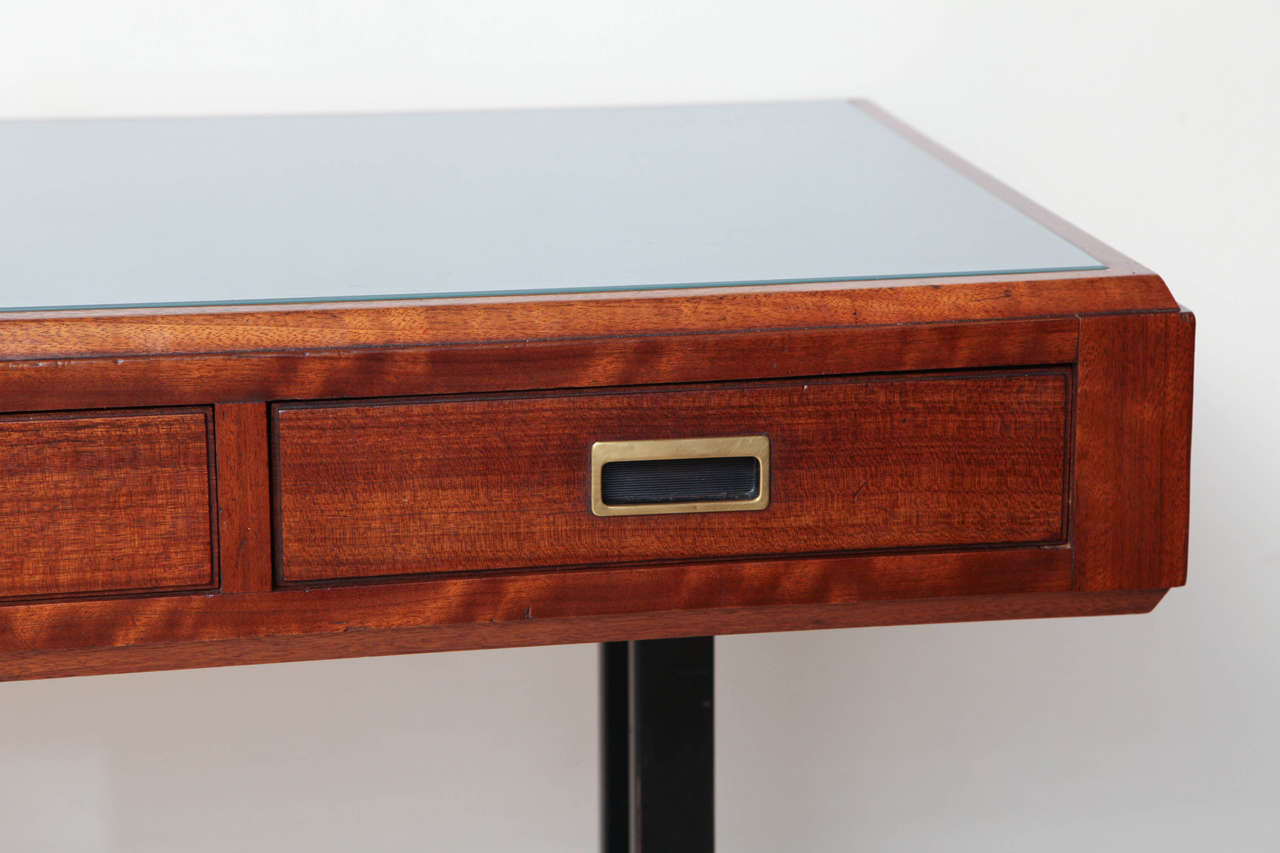 Mid-20th Century Italian Mid-Century Modern Walnut Console Table with Frosted Glass Top