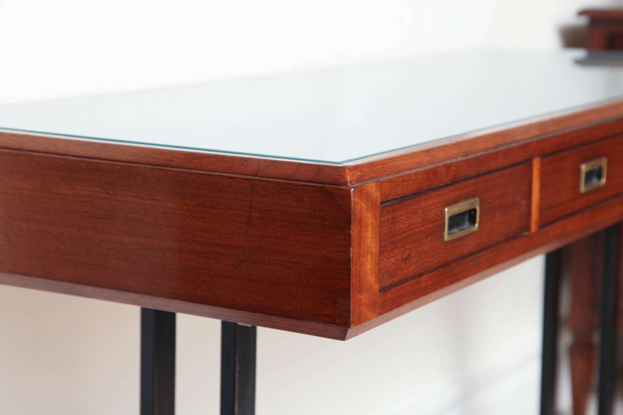 Italian Mid-Century Modern Walnut Console Table with Frosted Glass Top 2
