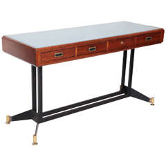 Italian Mid-Century Modern Walnut Console Table with Frosted Glass Top