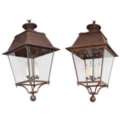 Large Copper and Glass Square Lanterns, France circa 1950
