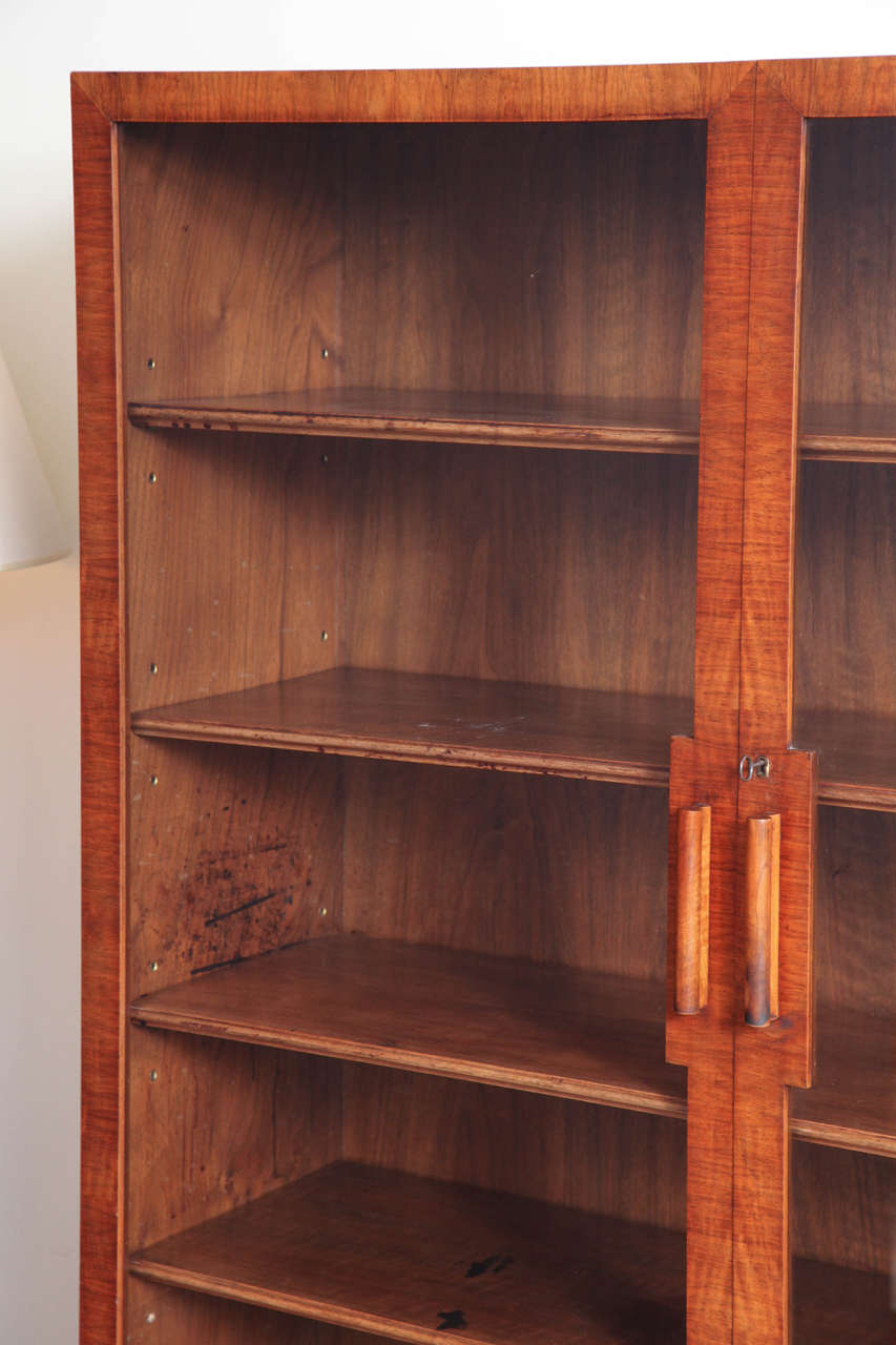 French Art Deco Walnut Cabinet with Glass Doors and Wood Shelves