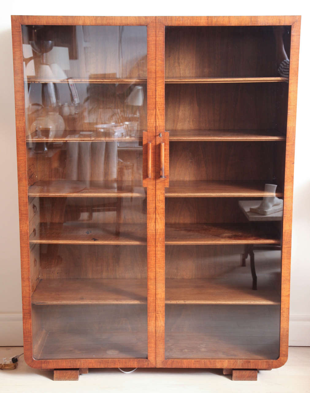 Mid-20th Century Art Deco Walnut Cabinet with Glass Doors and Wood Shelves