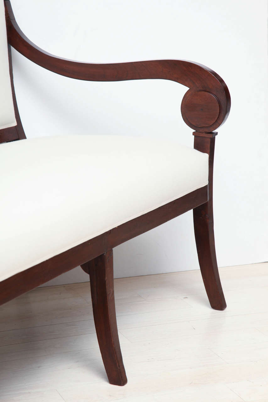 19th Century French Mahogany Wood Bench with Scroll-Form Arms and Tapered Legs 1