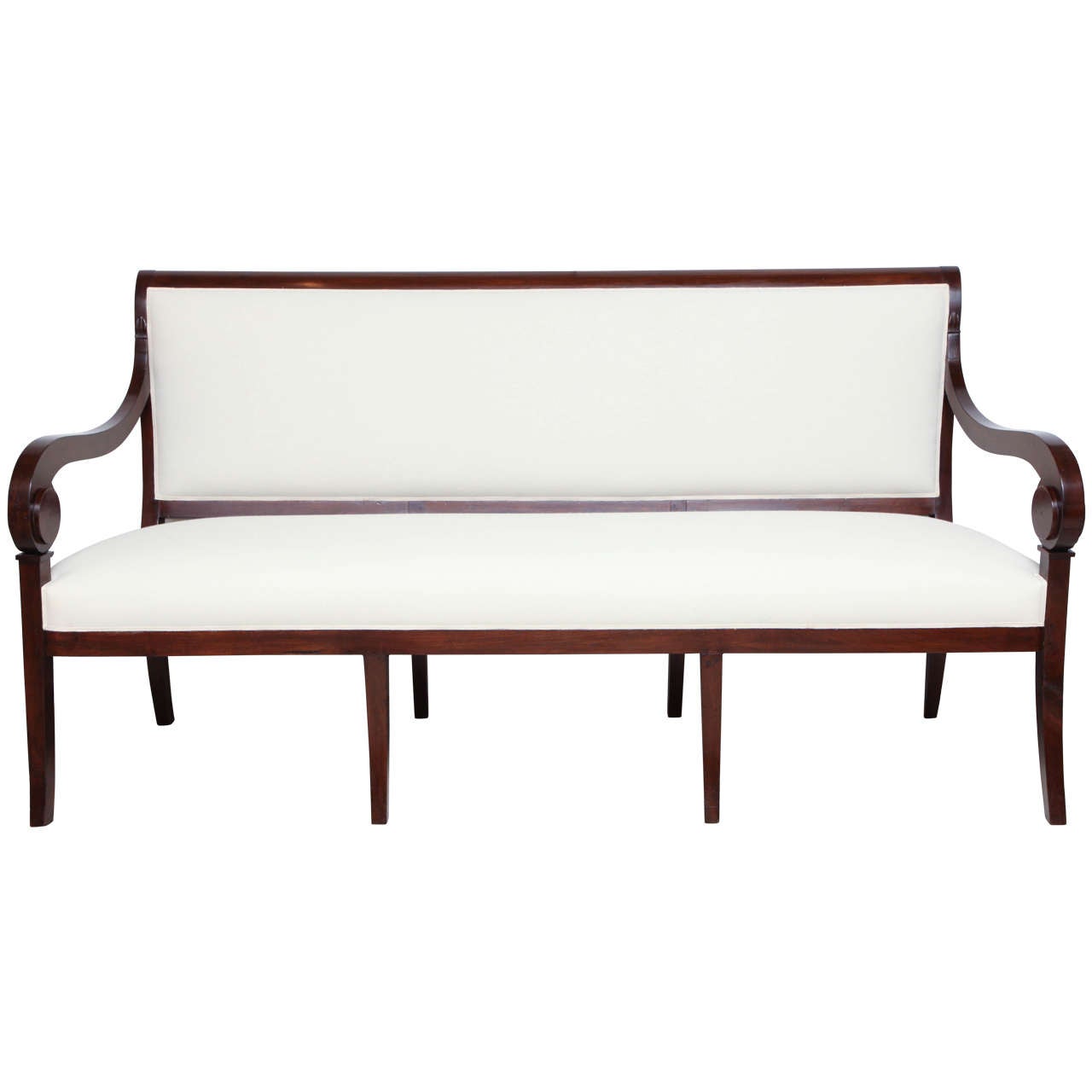 19th Century French Mahogany Wood Bench with Scroll-Form Arms and Tapered Legs