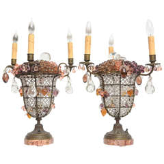 Vintage Pair of Czech Glass Fruit Basket Lamps
