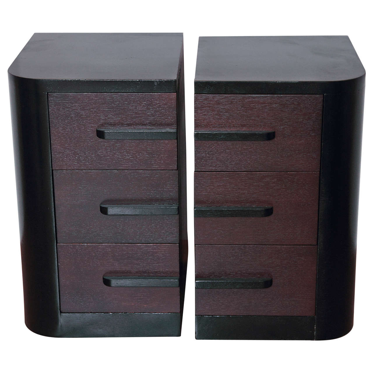 Streamline Pair of Modernage Art Deco Bookend Matched Ebonized Nightstands For Sale