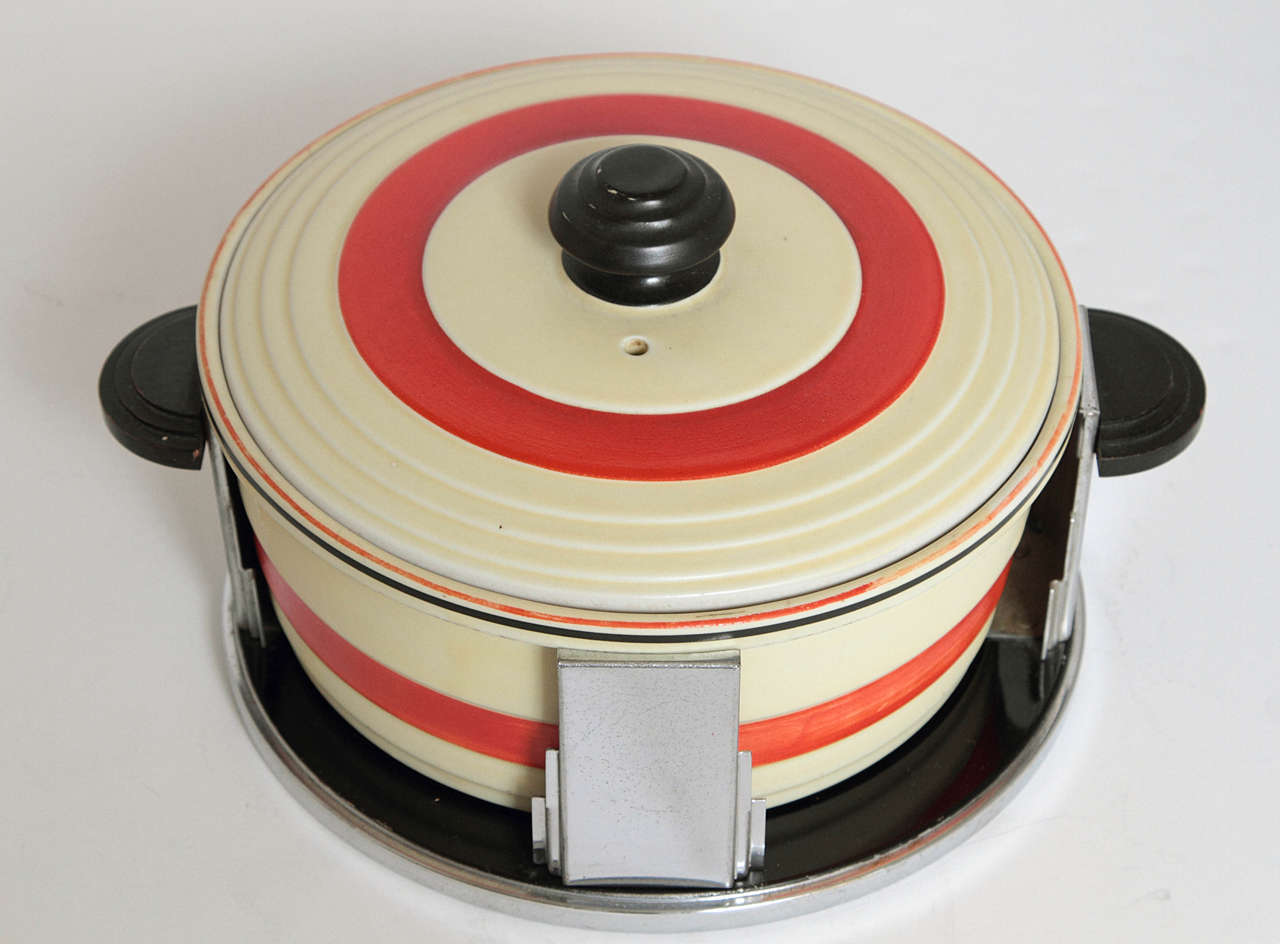 Art Deco Skyscraper Design Covered Casserole with Original Machine Age Stand