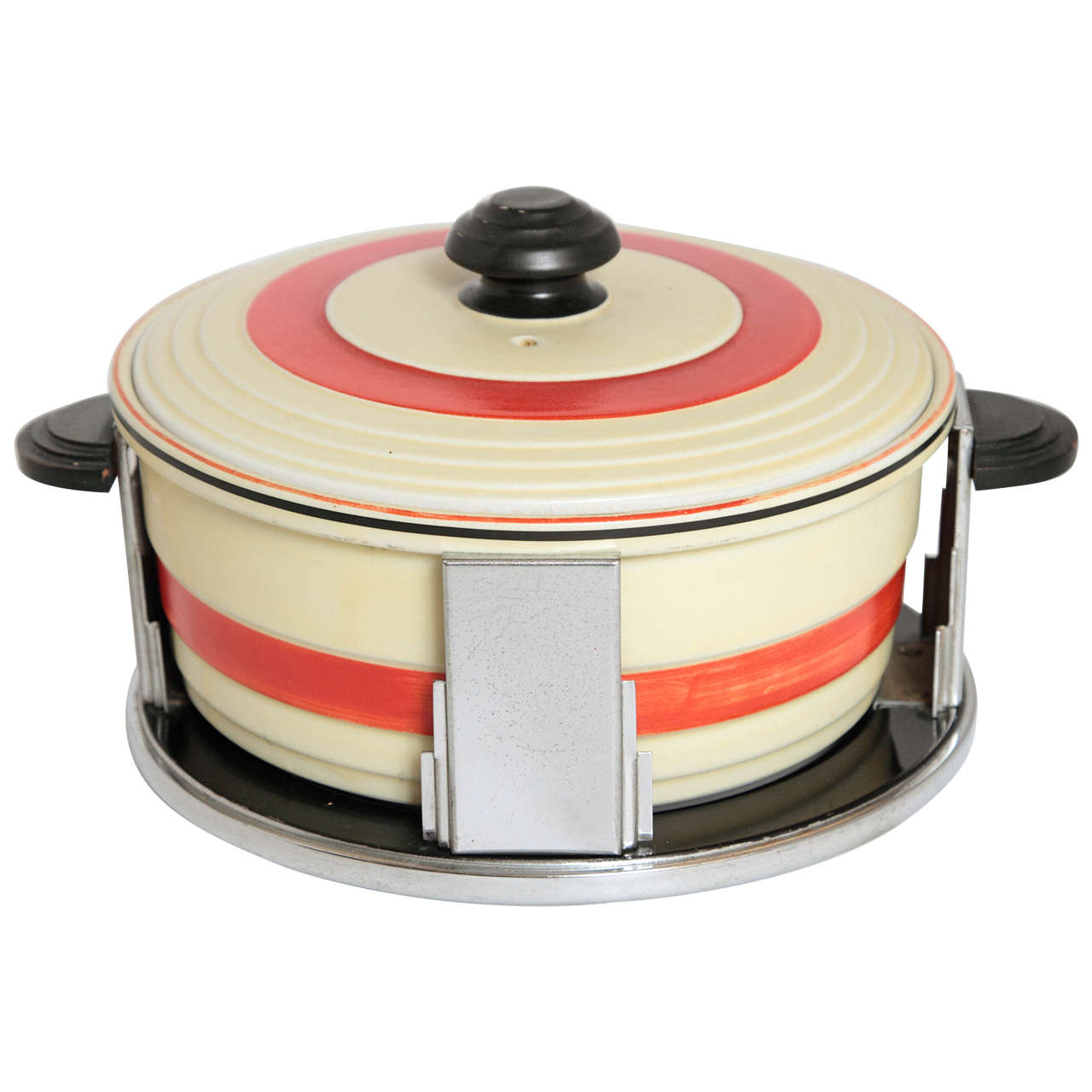 Art Deco Skyscraper Design Covered Casserole with Original Machine Age Stand For Sale