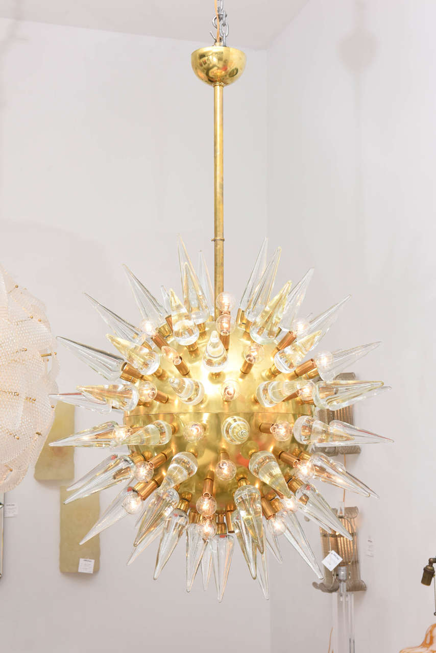 Monumental Italian Brass and Glass Spike Chandelier, Sputnik In Excellent Condition In West Palm Beach, FL