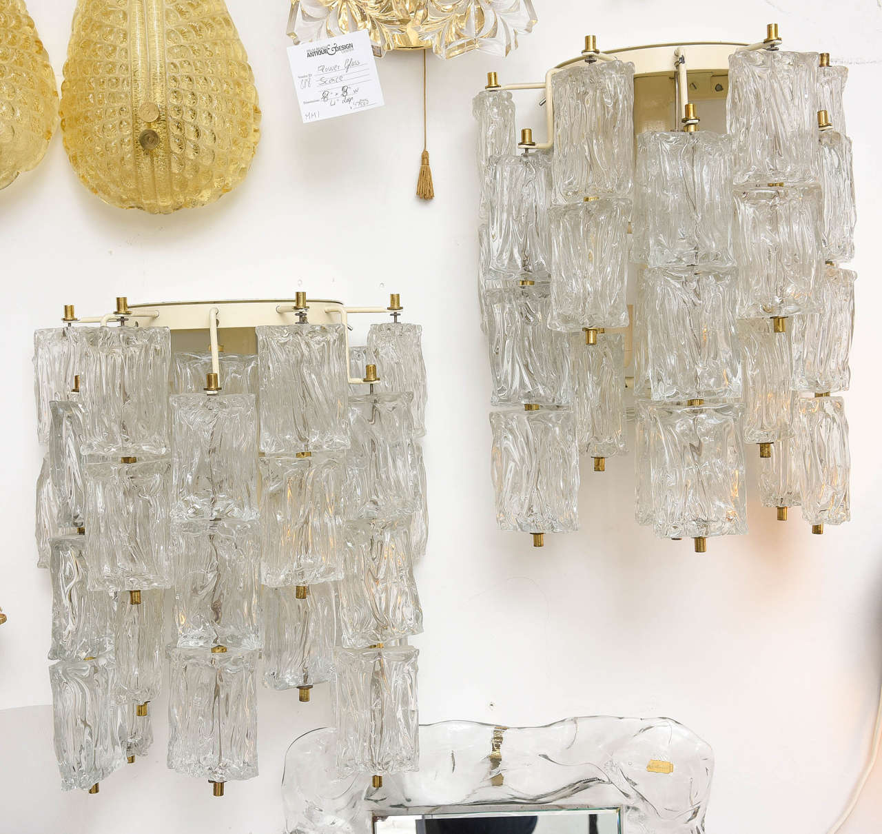 Pair of Barovier e Toso sconces with textured blown glass squares. Each fixture has six sockets which are European. Rewiring suggested for use in the USA.