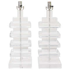 Pair of Chunky Stacked Lucite Lamps