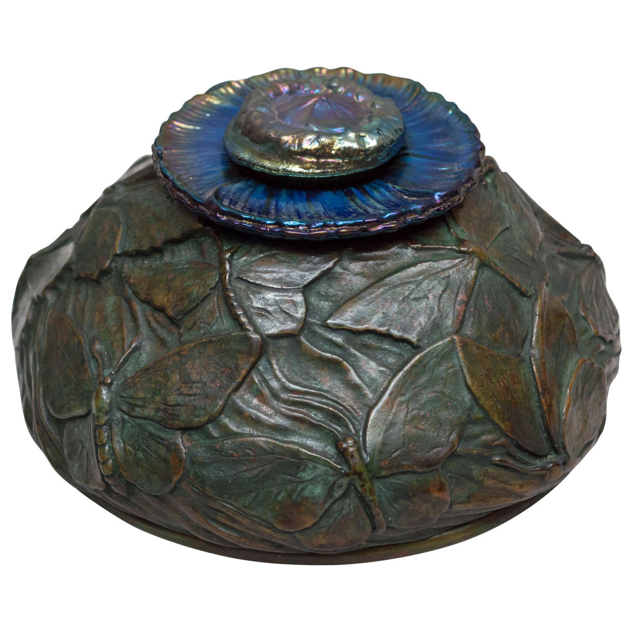 Rare Tiffany Studios Inkwell with Butterflies and Blue Glass Insert
