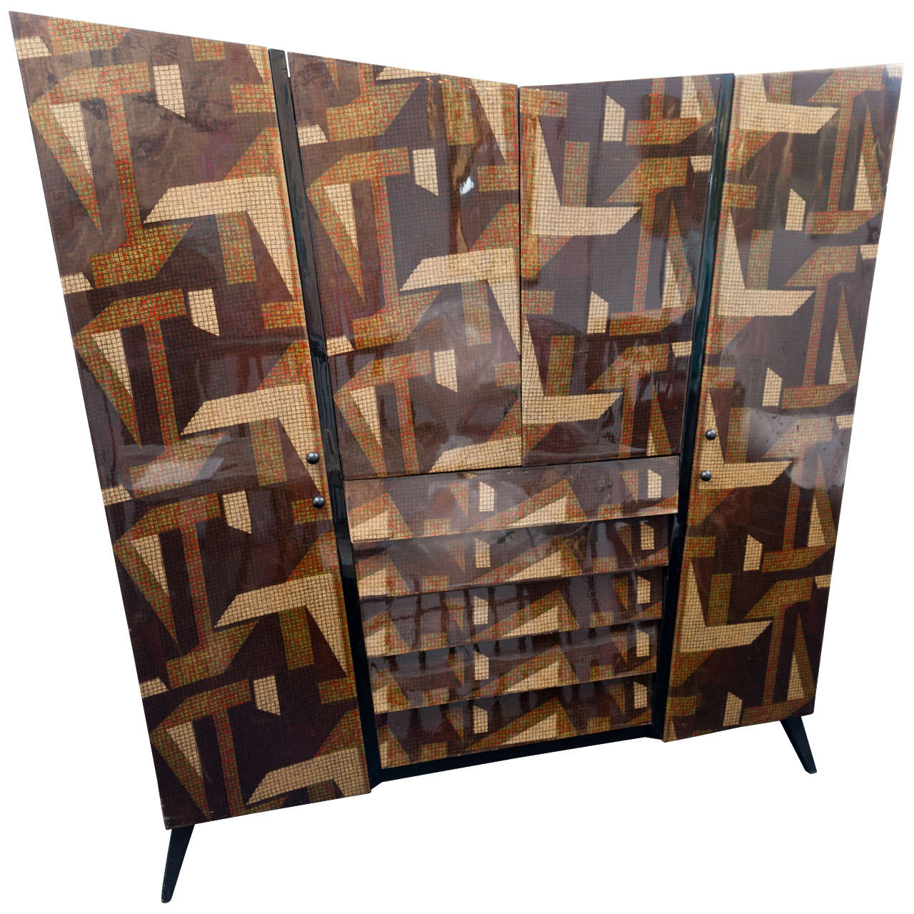 Rare Printed Linen High Gloss Lacquer Cabinet