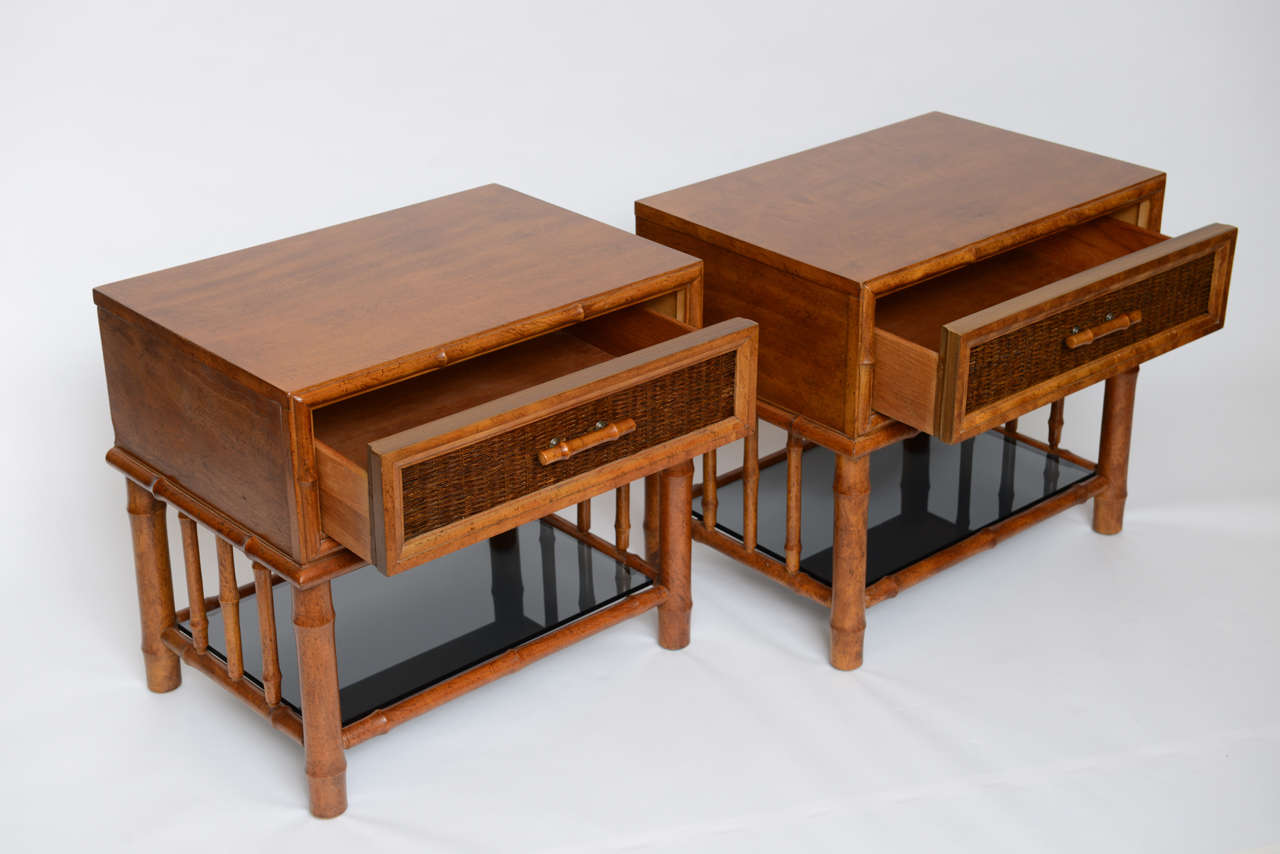 Mid-Century Modern Stellar Walnut Bamboo, Cane & Glass Bedside Tables