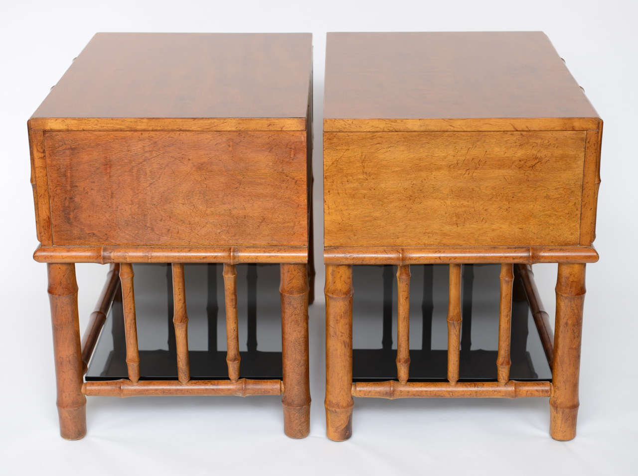 Stellar Walnut Bamboo, Cane & Glass Bedside Tables In Excellent Condition In Miami, FL