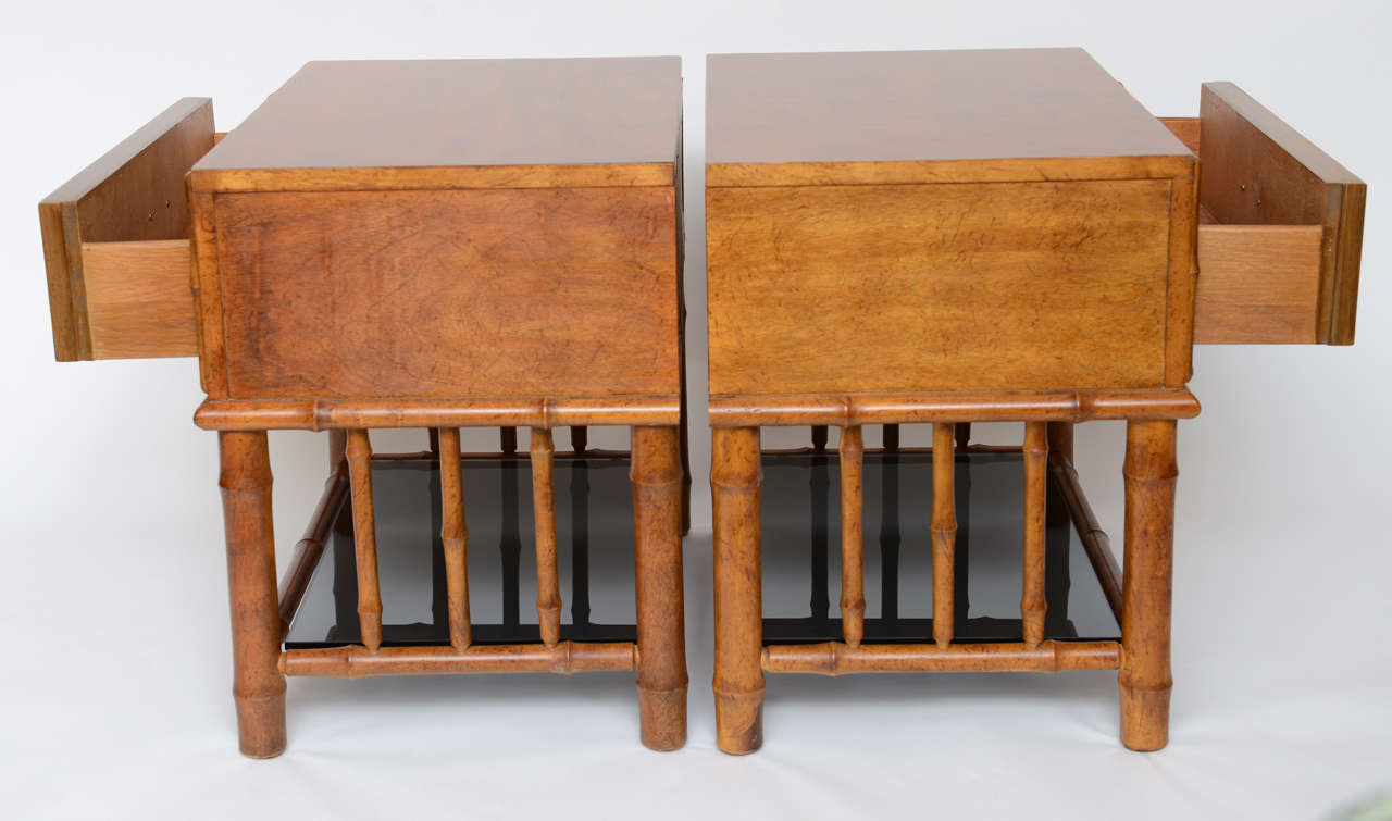 Mid-20th Century Stellar Walnut Bamboo, Cane & Glass Bedside Tables