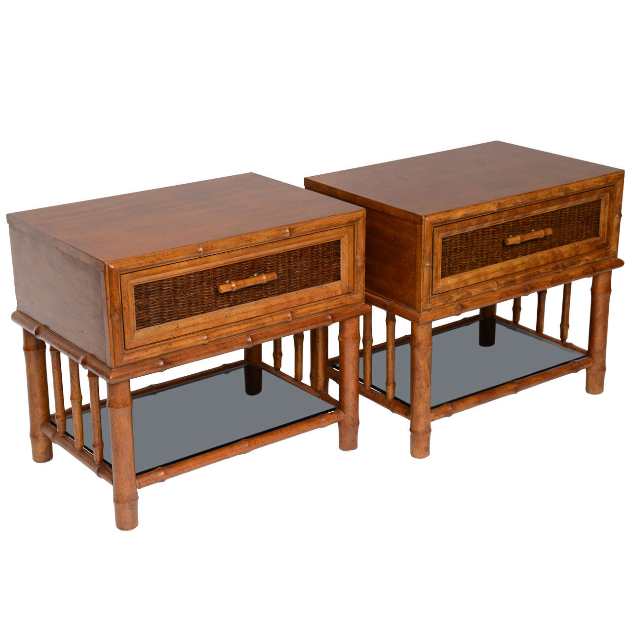 Stellar Walnut Bamboo, Cane & Glass Bedside Tables