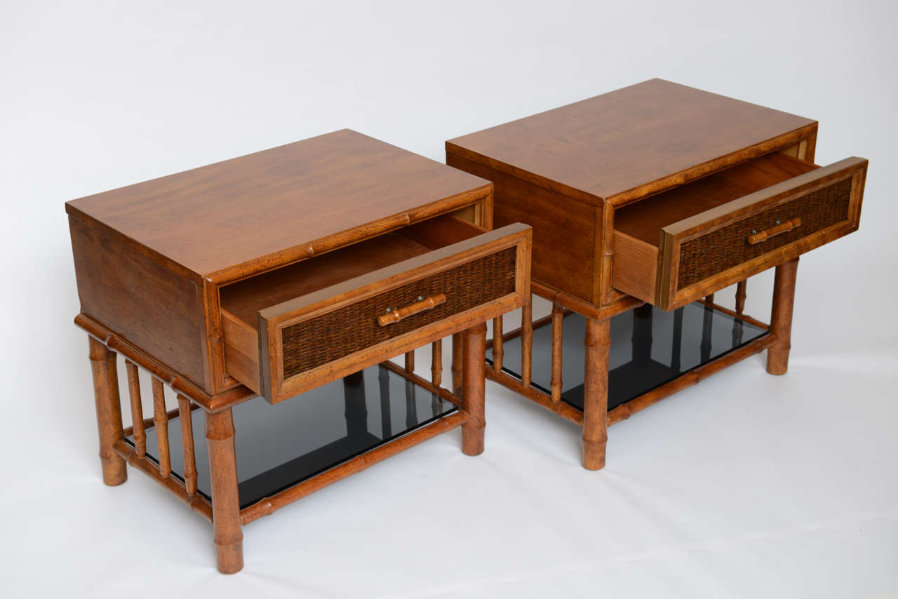 Stellar Walnut Bamboo, Cane and Glass Bedside Tables at 1stdibs