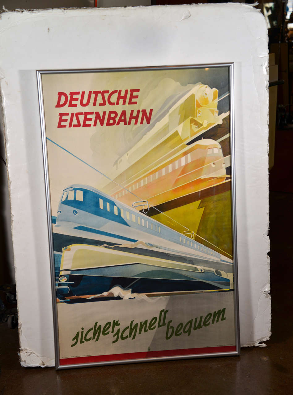Machine Age Art Deco German Streamline Modernist transportation poster train 

Original vintage German Railway (Deutsche Eisenbahn) poster.
Rare surviving example of this design.
Sicher Schnell Bequem.............. Safe Fast
