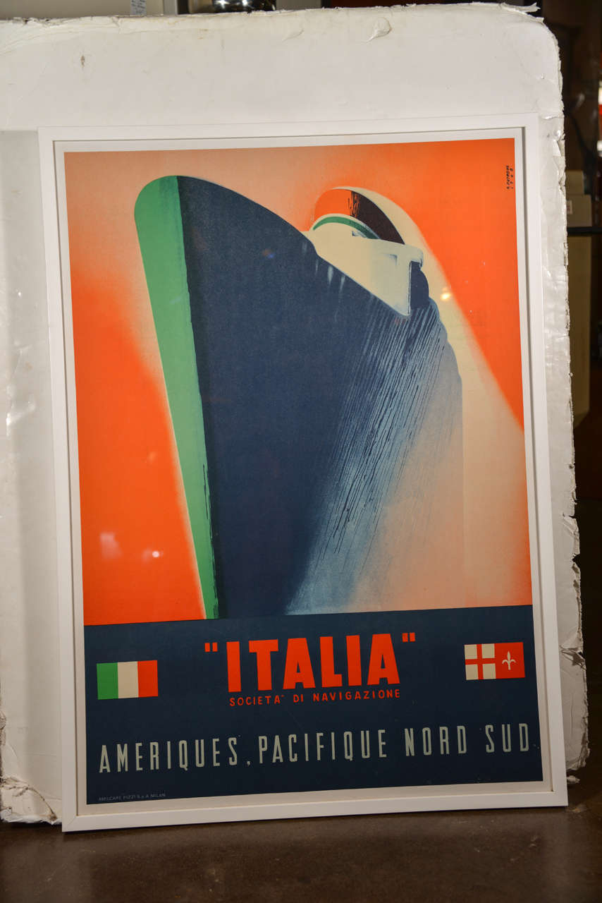 Vintage lithographic advertising poster
Printed signature in the image: Patrone 1948 (Giovani Patrone.)
Vibrant colors, with streamline machine age graphic.
Framed in simple white-painted wood.
Full one sheet, excellent condition (artwork approx.