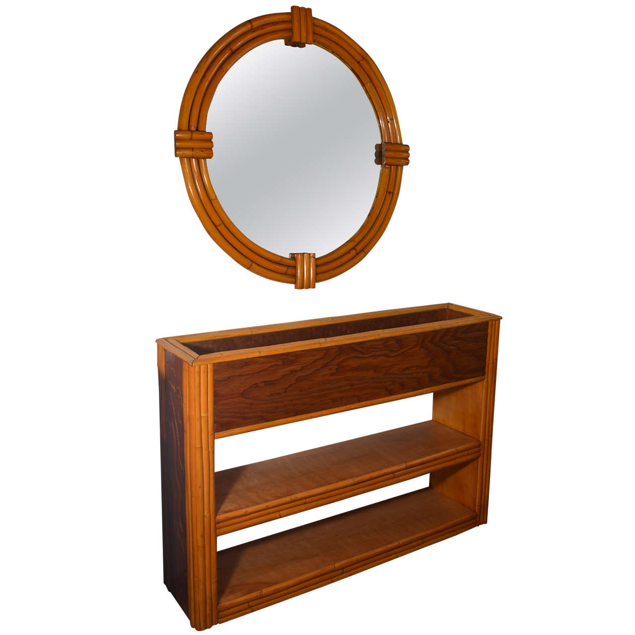 Art Deco Rattan Planter/Shelf and Mirror, After Paul Frankl For Sale